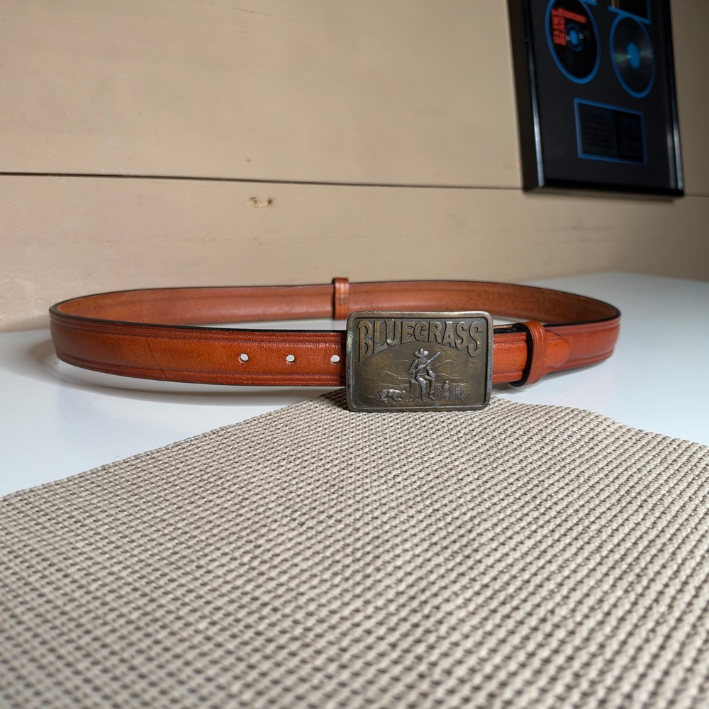 Indiana Metal Craft Bluegrass Brass Belt Buckle Cognac Leather Strap 36in
